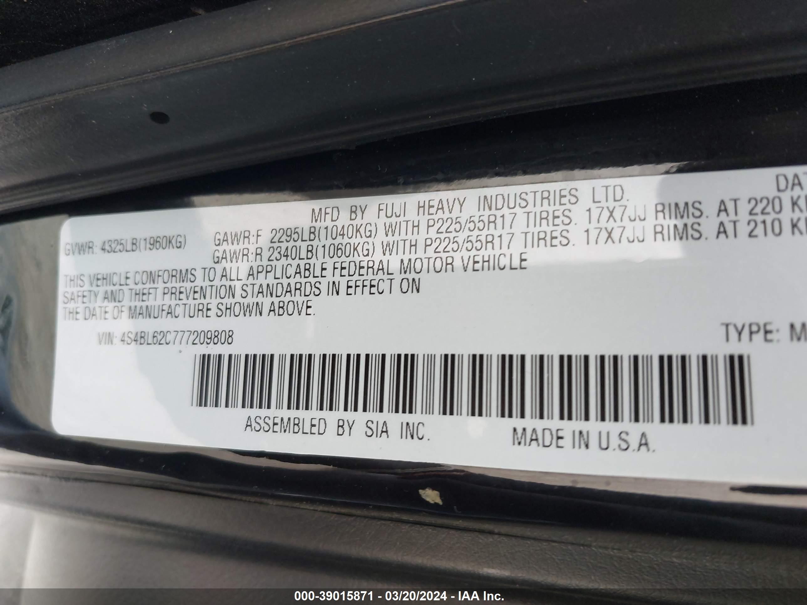 Photo 8 VIN: 4S4BL62C777209808 - SUBARU OUTBACK 