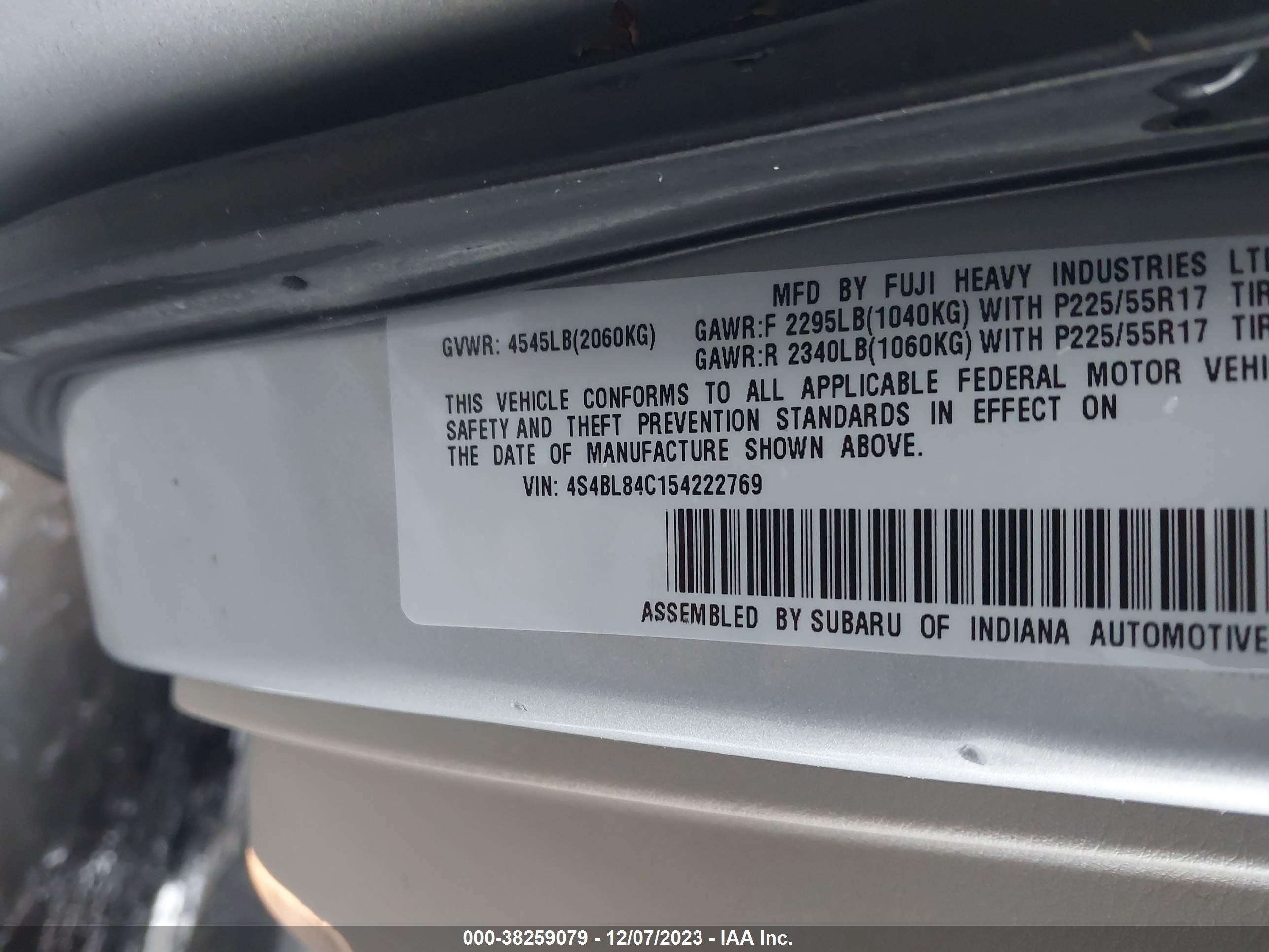 Photo 8 VIN: 4S4BL84C154222769 - SUBARU OUTBACK 