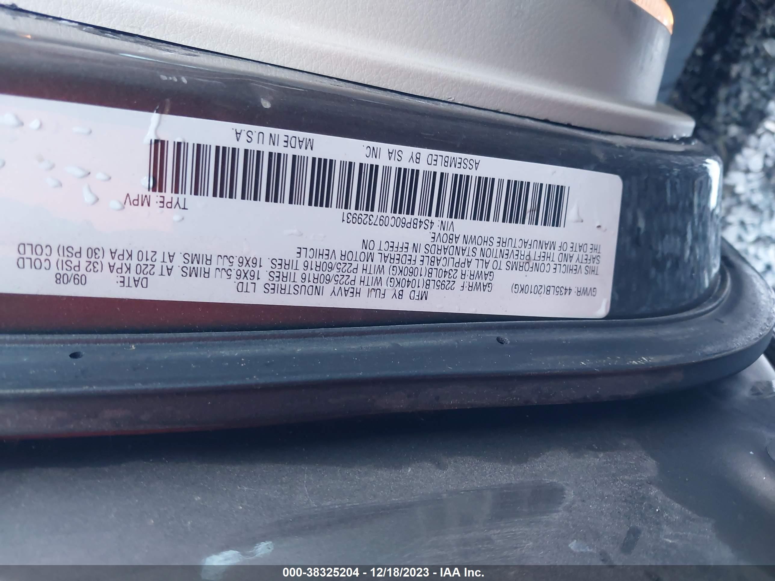 Photo 8 VIN: 4S4BP60C097329931 - SUBARU OUTBACK 