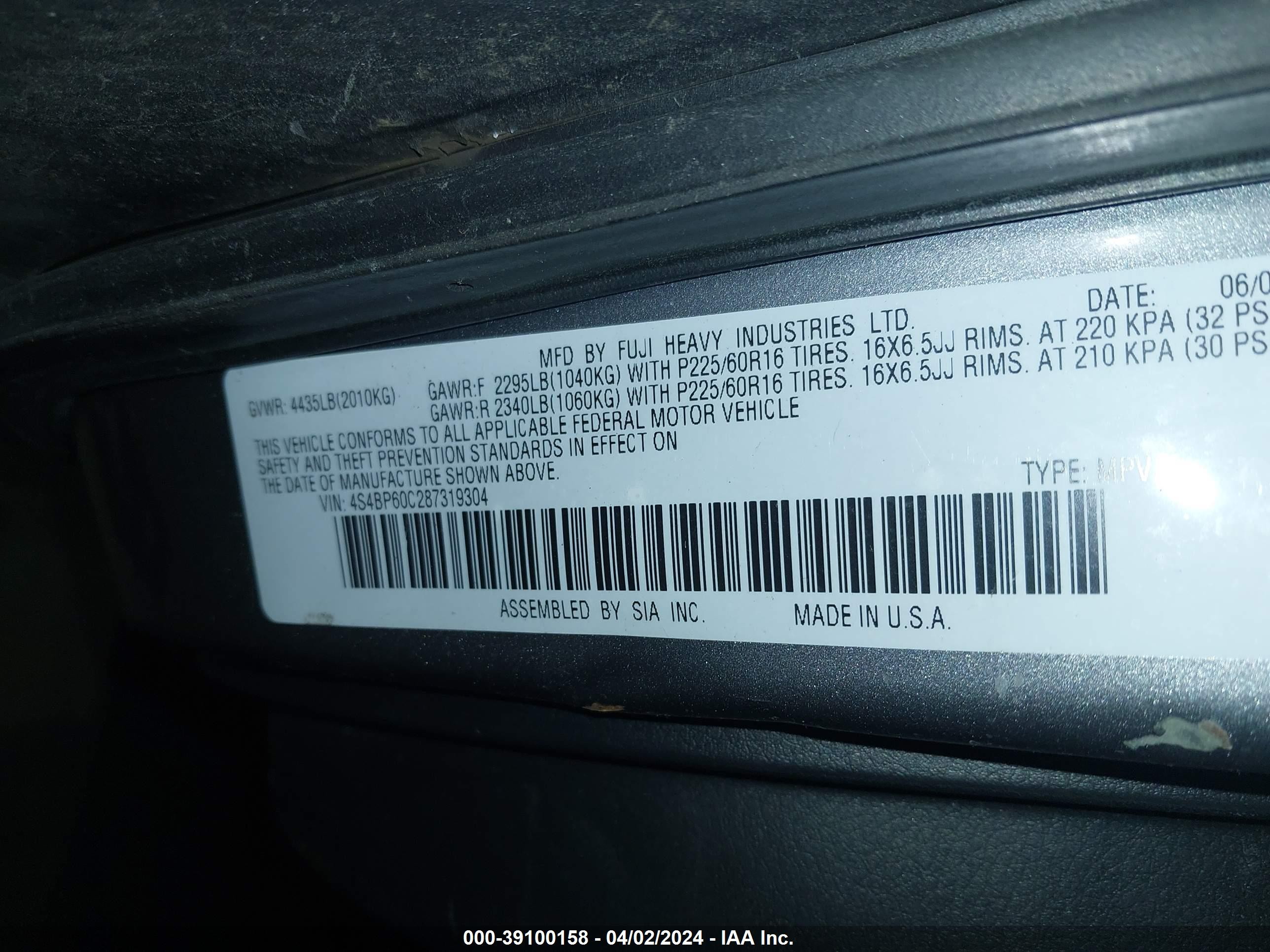 Photo 8 VIN: 4S4BP60C287319304 - SUBARU OUTBACK 