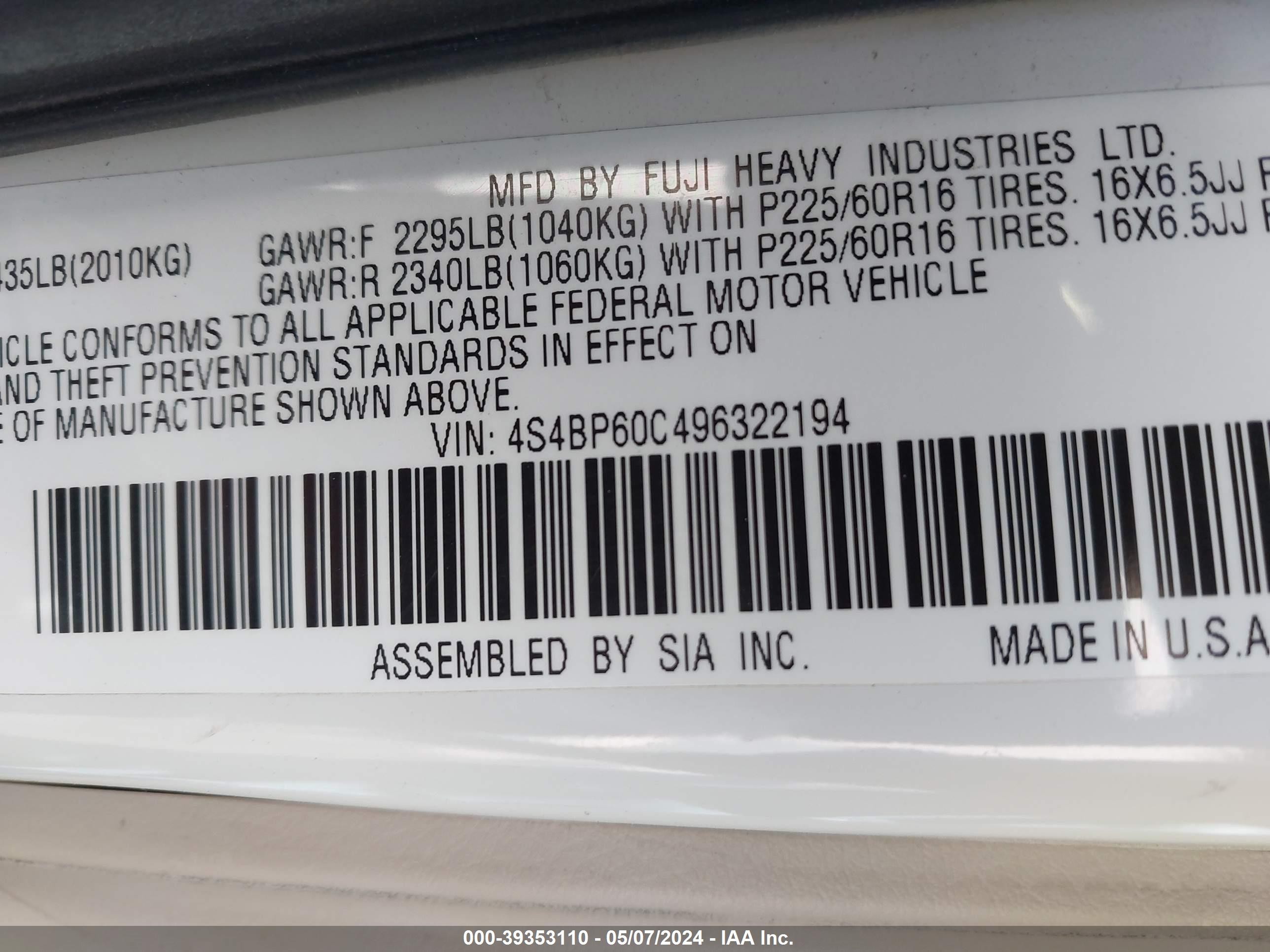 Photo 8 VIN: 4S4BP60C496322194 - SUBARU OUTBACK 