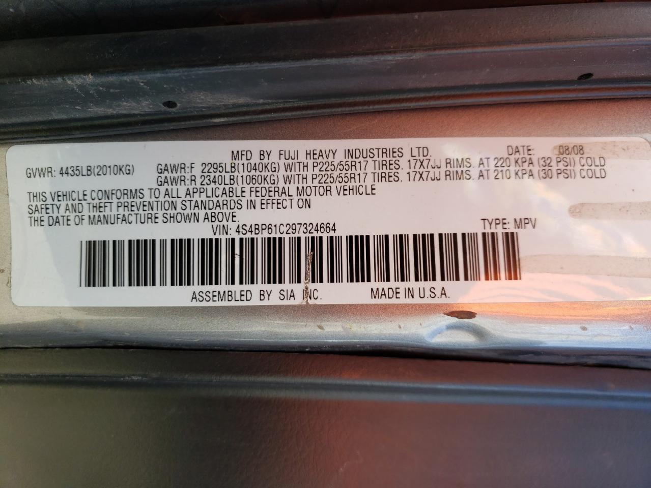 Photo 12 VIN: 4S4BP61C297324664 - SUBARU OUTBACK 