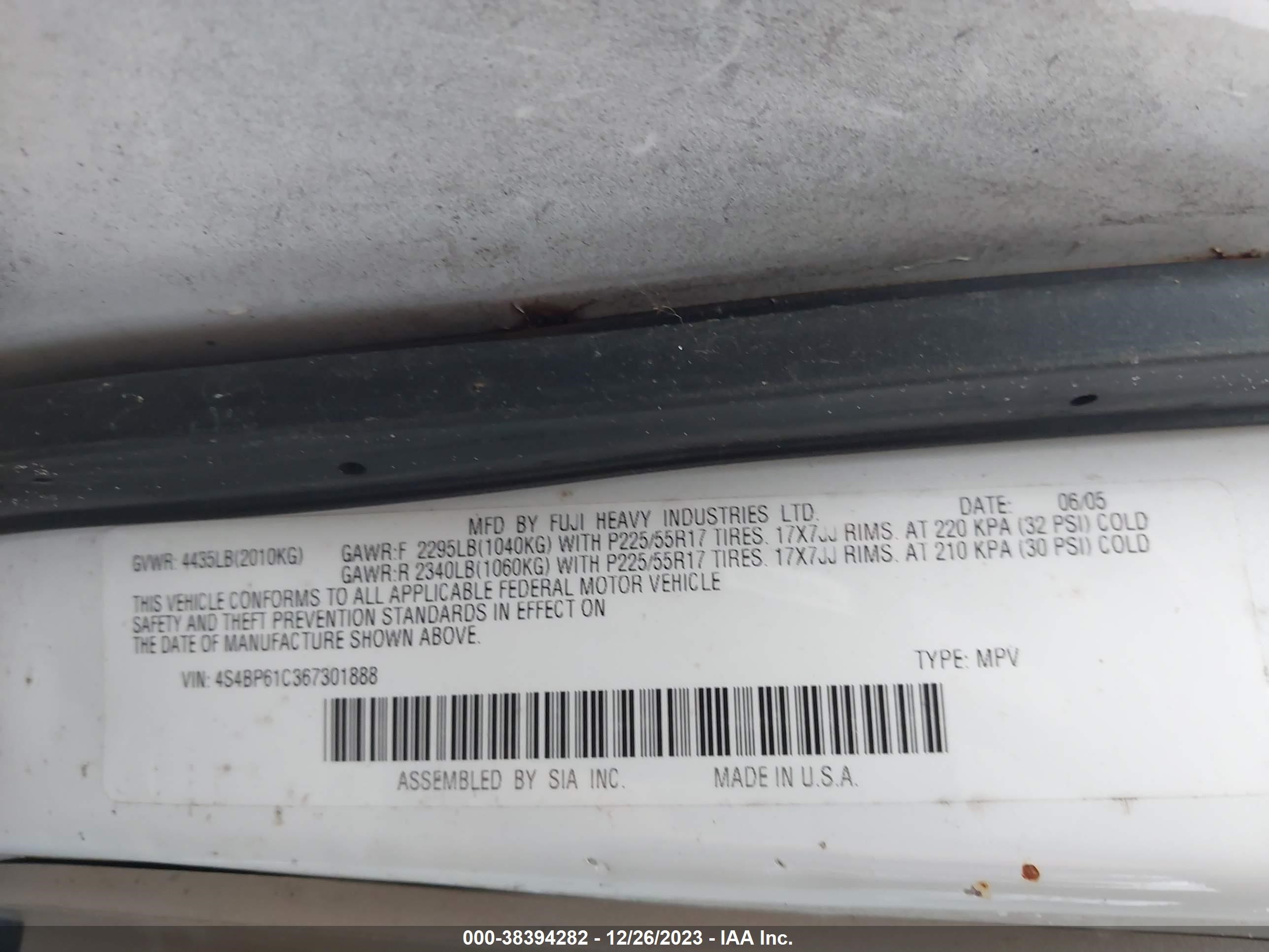 Photo 8 VIN: 4S4BP61C367301888 - SUBARU OUTBACK 