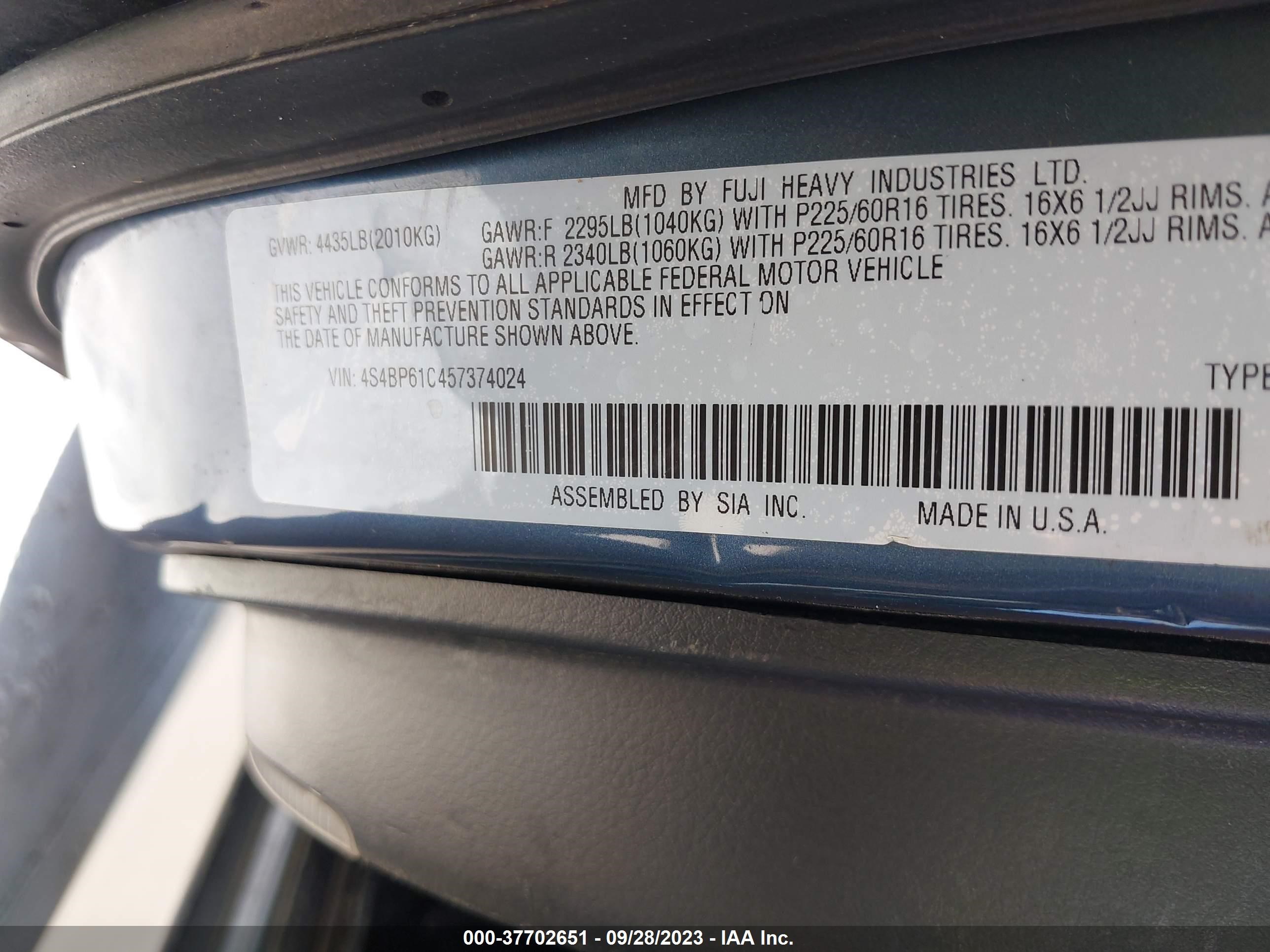 Photo 8 VIN: 4S4BP61C457374024 - SUBARU LEGACY 