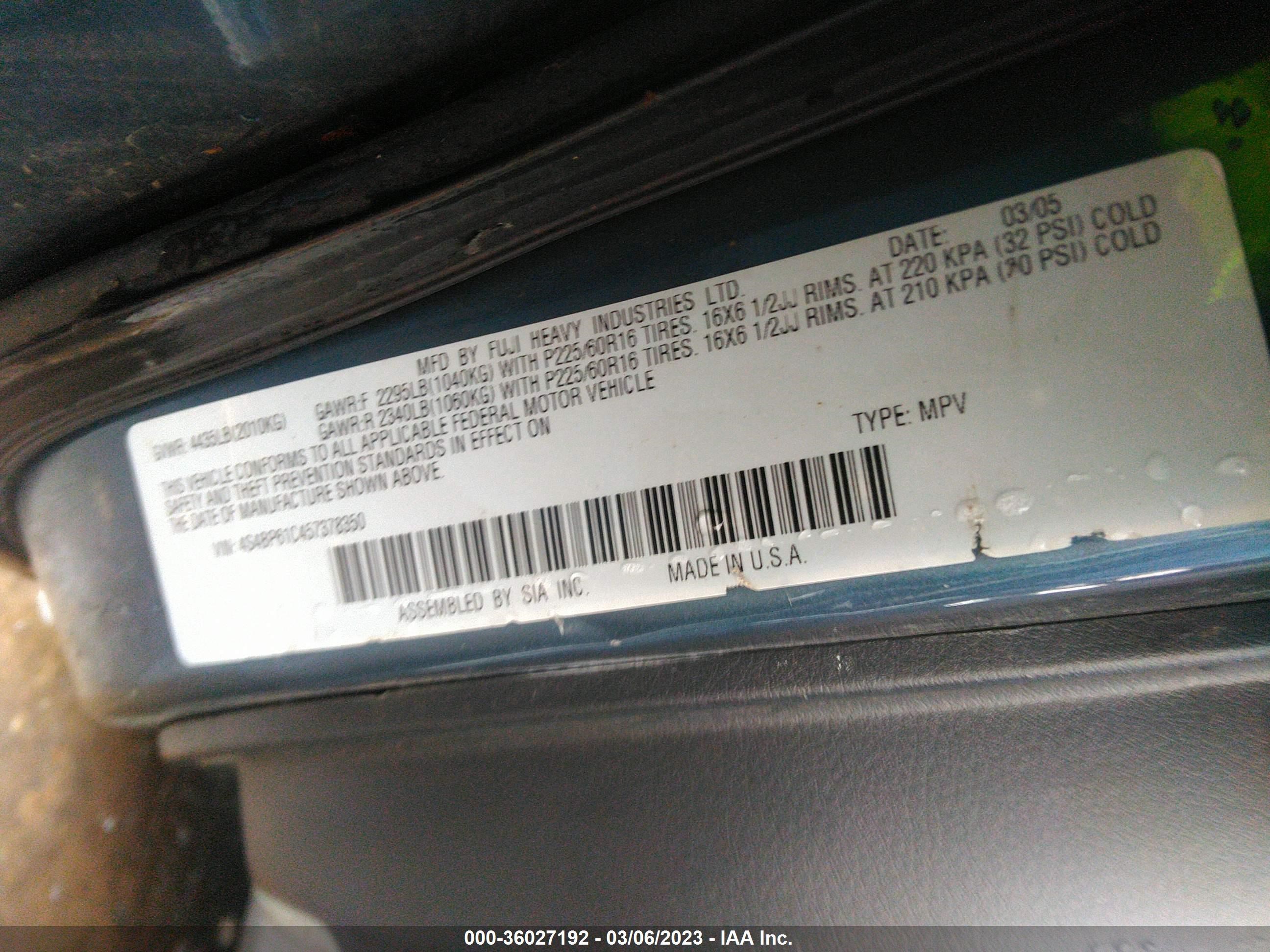 Photo 8 VIN: 4S4BP61C457378350 - SUBARU LEGACY 