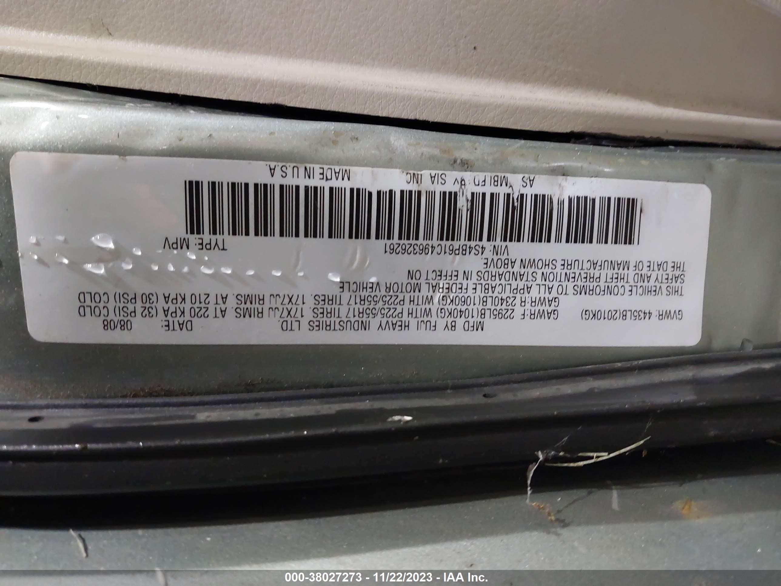 Photo 8 VIN: 4S4BP61C496326261 - SUBARU OUTBACK 