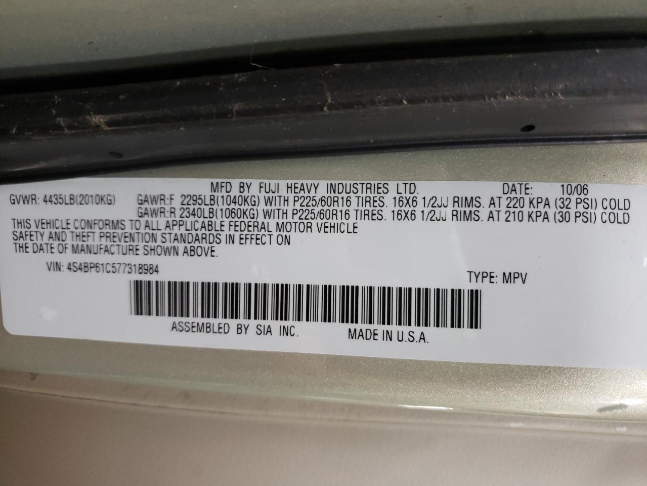 Photo 9 VIN: 4S4BP61C577318984 - SUBARU LEGACY 