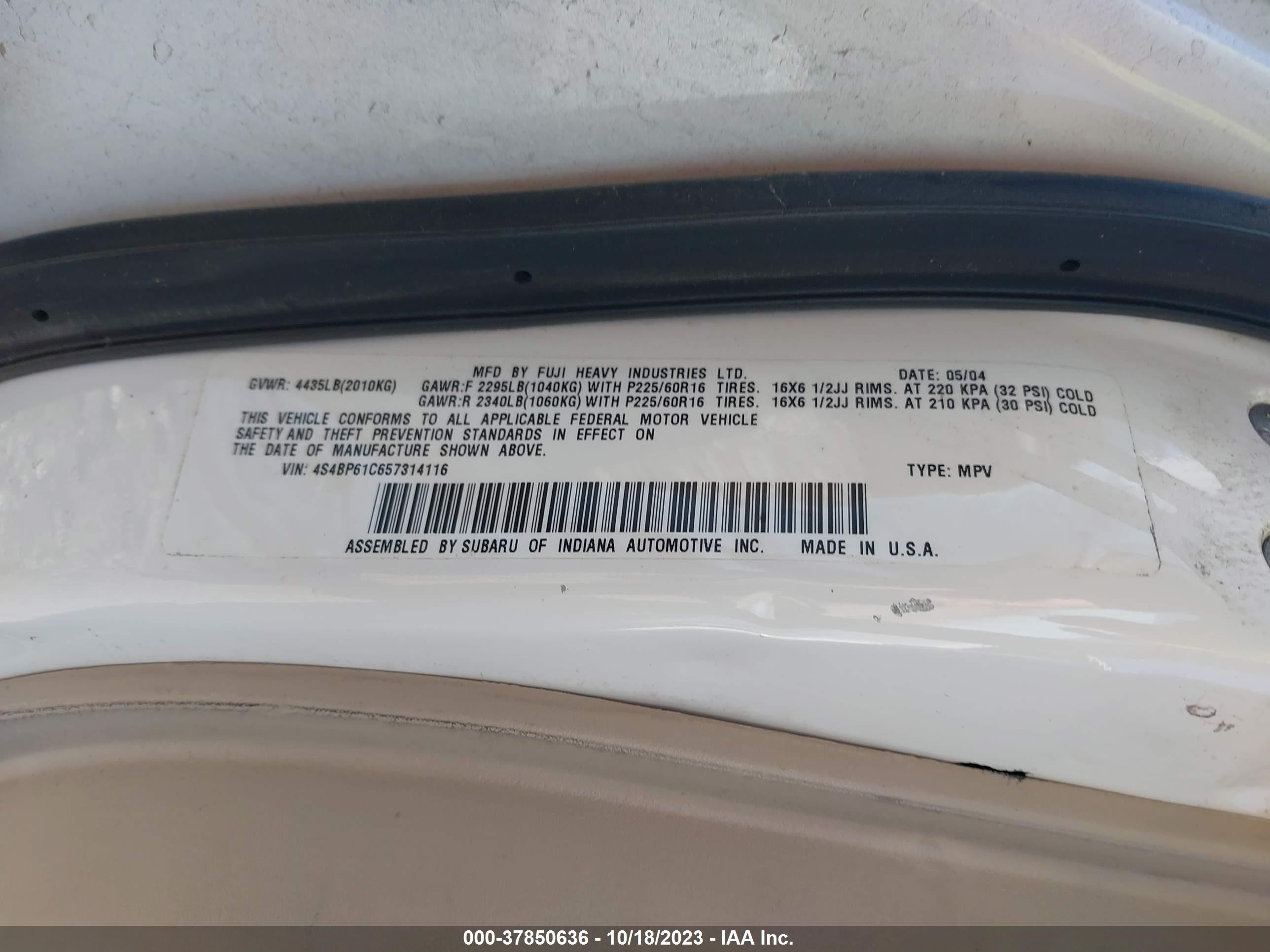 Photo 8 VIN: 4S4BP61C657314116 - SUBARU OUTBACK 