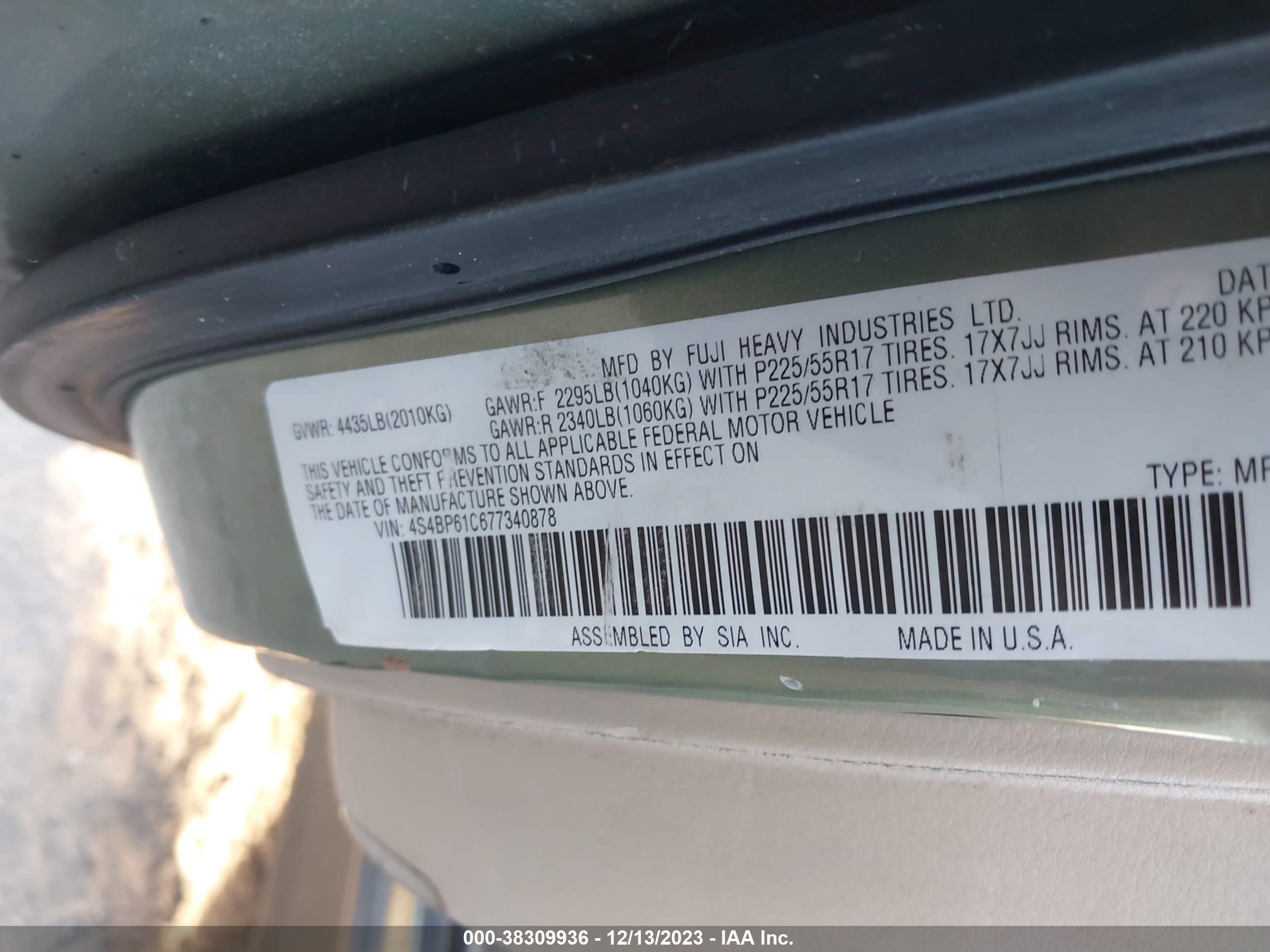 Photo 8 VIN: 4S4BP61C677340878 - SUBARU OUTBACK 