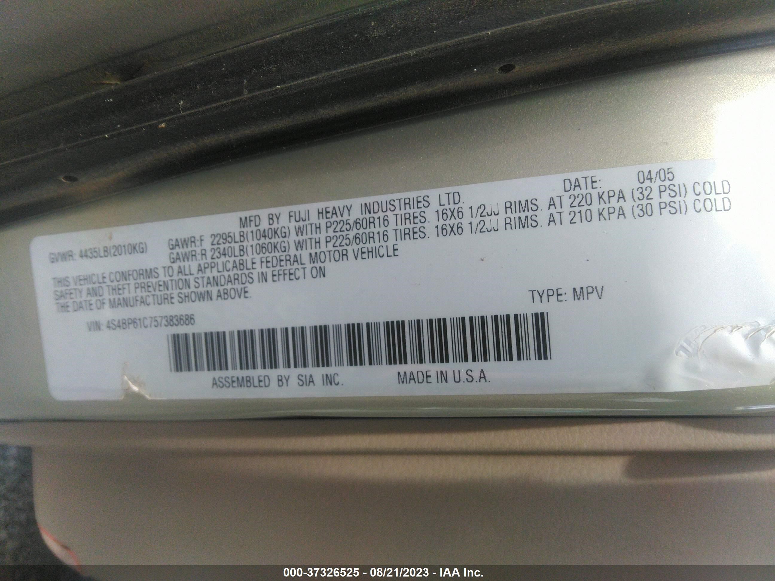 Photo 8 VIN: 4S4BP61C757383686 - SUBARU LEGACY 