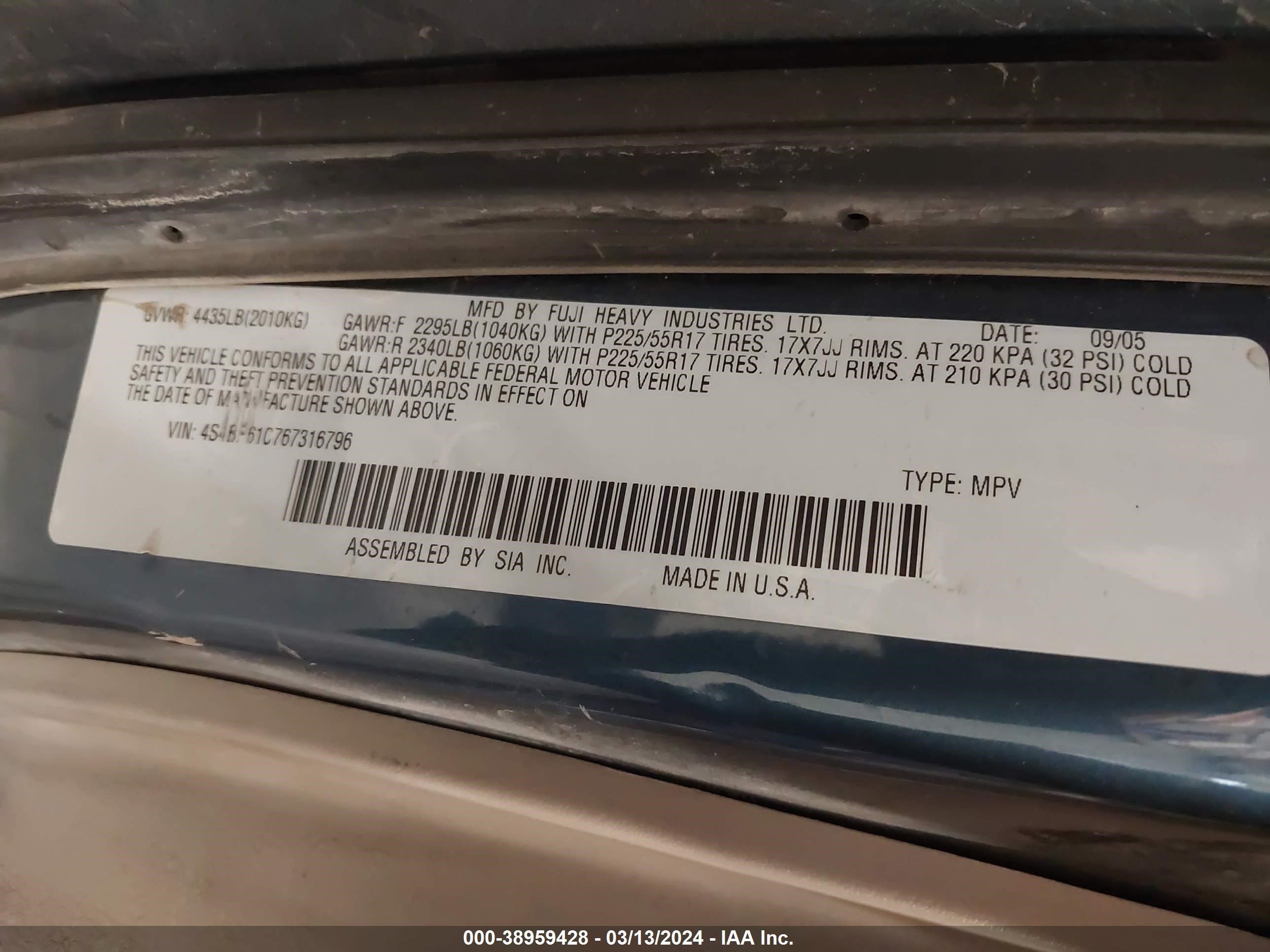 Photo 8 VIN: 4S4BP61C767316796 - SUBARU OUTBACK 