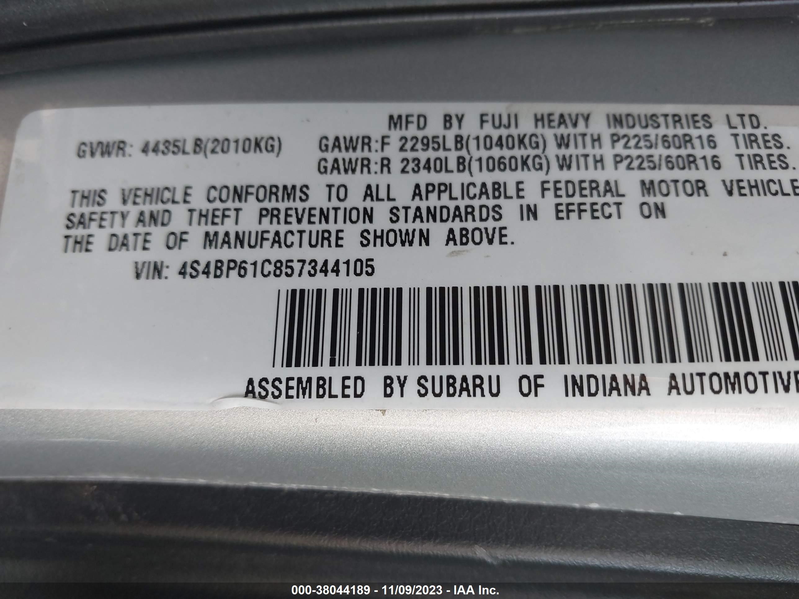 Photo 8 VIN: 4S4BP61C857344105 - SUBARU OUTBACK 