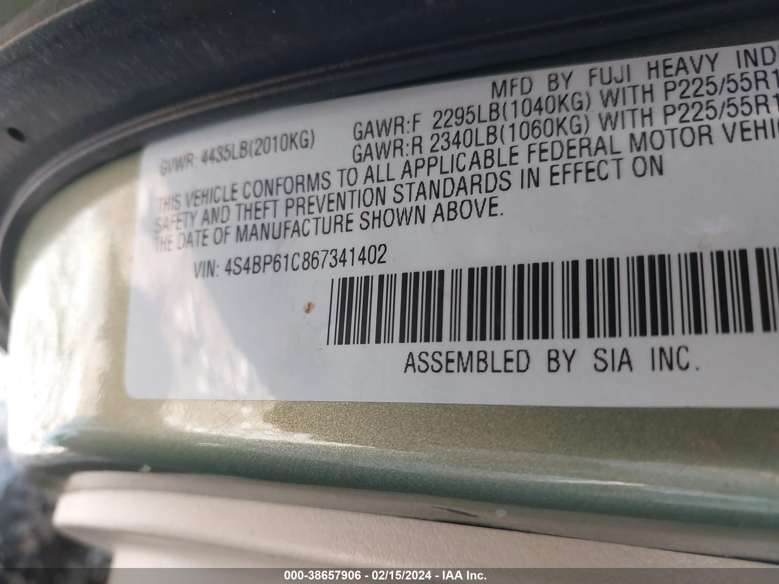 Photo 8 VIN: 4S4BP61C867341402 - SUBARU OUTBACK 