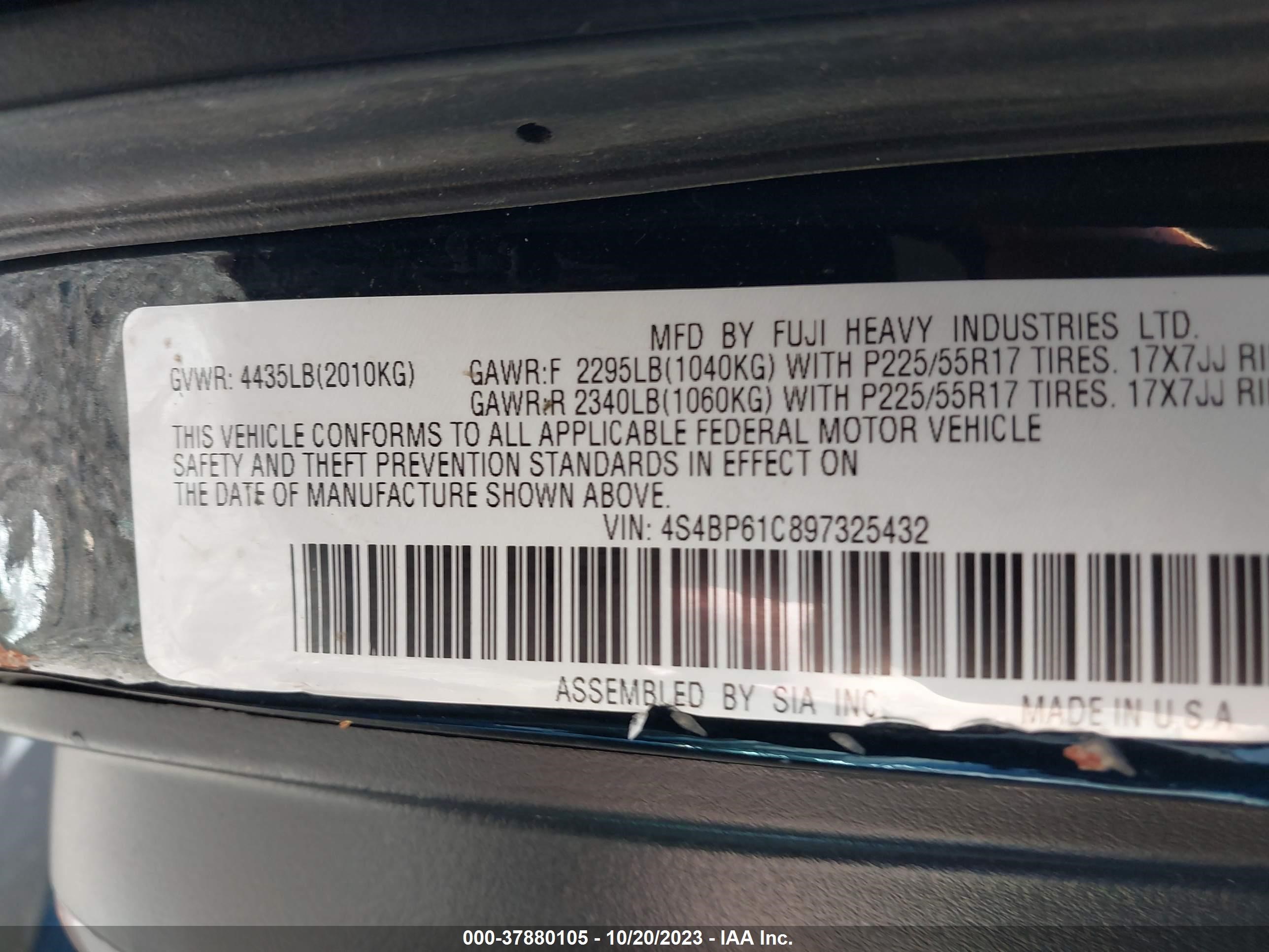 Photo 8 VIN: 4S4BP61C897325432 - SUBARU OUTBACK 