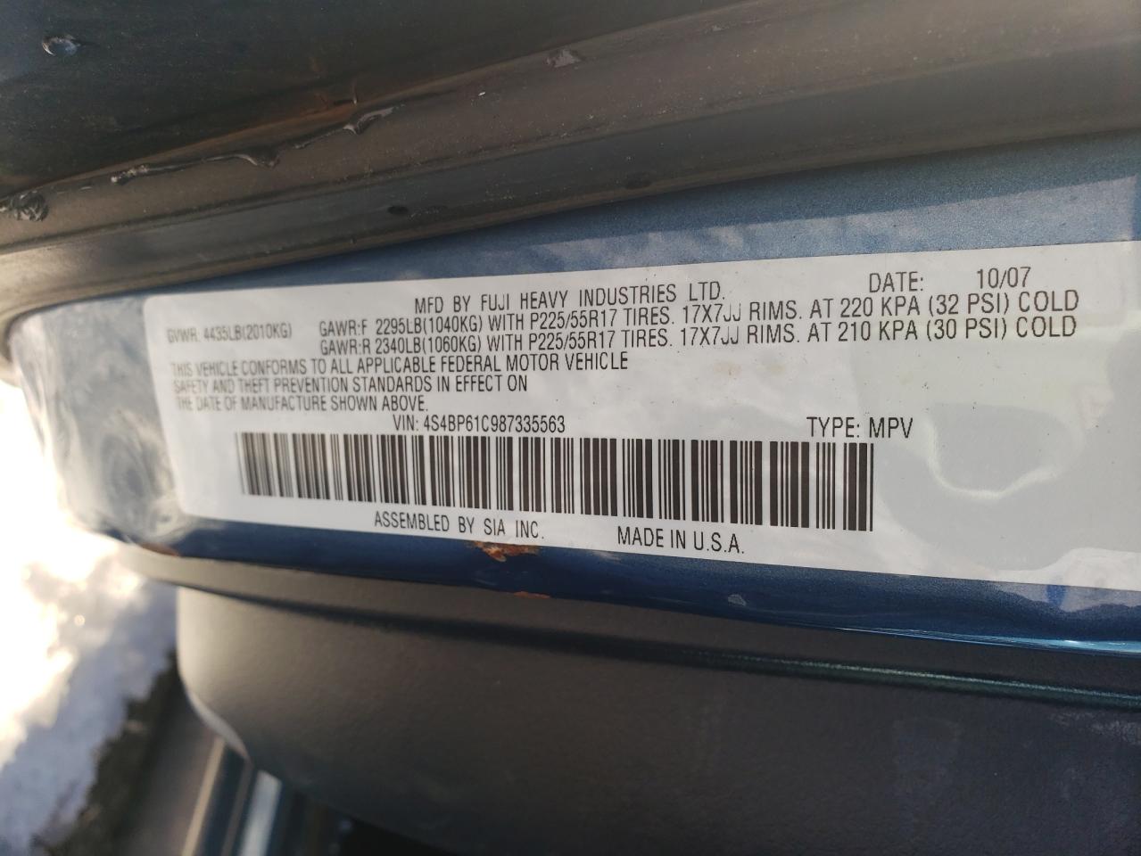 Photo 12 VIN: 4S4BP61C987335563 - SUBARU OUTBACK 