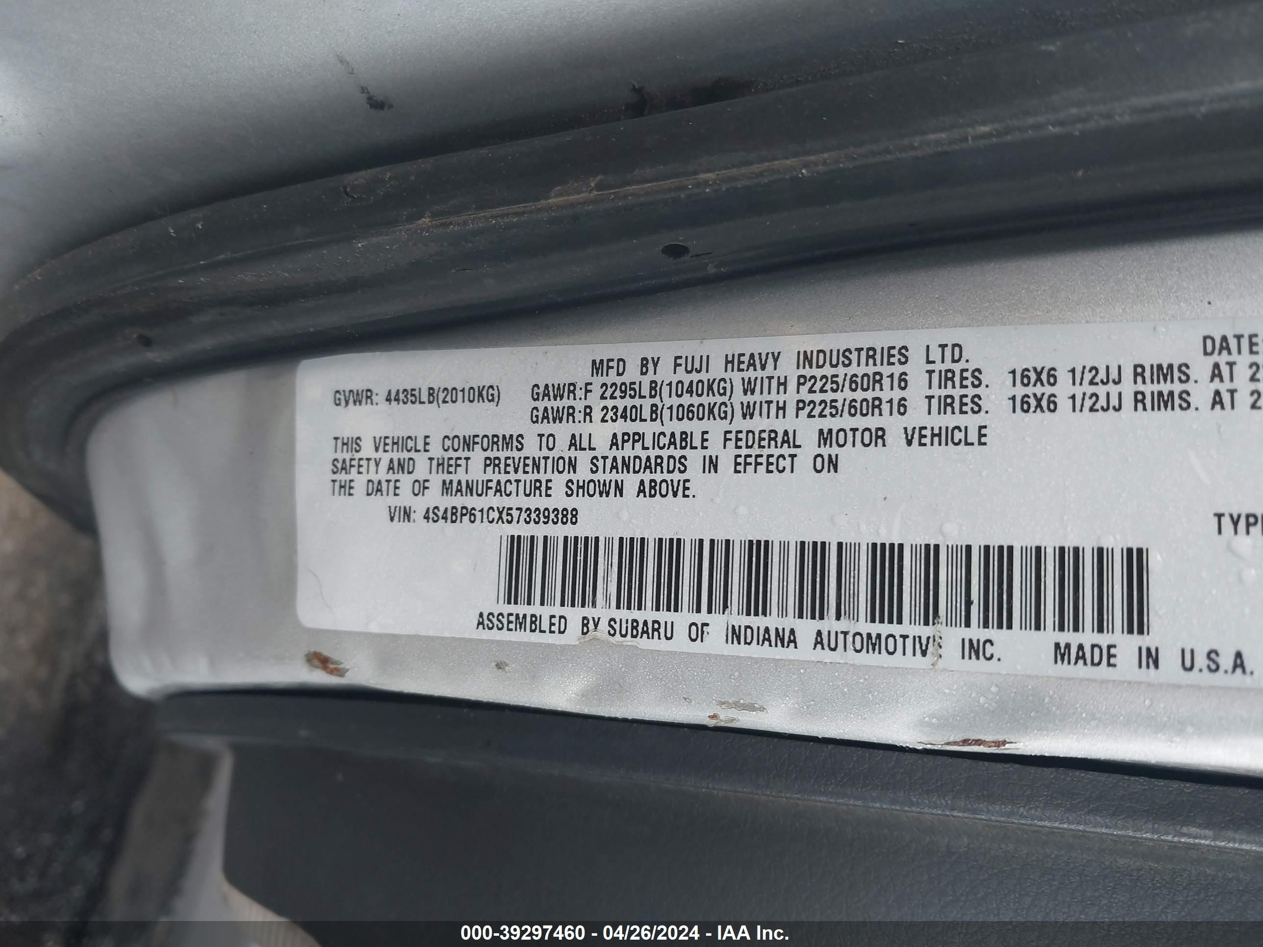 Photo 8 VIN: 4S4BP61CX57339388 - SUBARU OUTBACK 