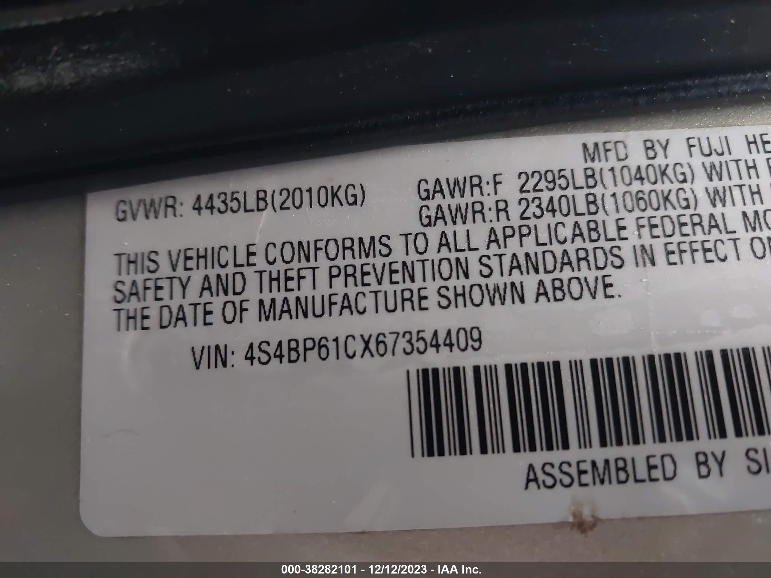 Photo 8 VIN: 4S4BP61CX67354409 - SUBARU LEGACY 