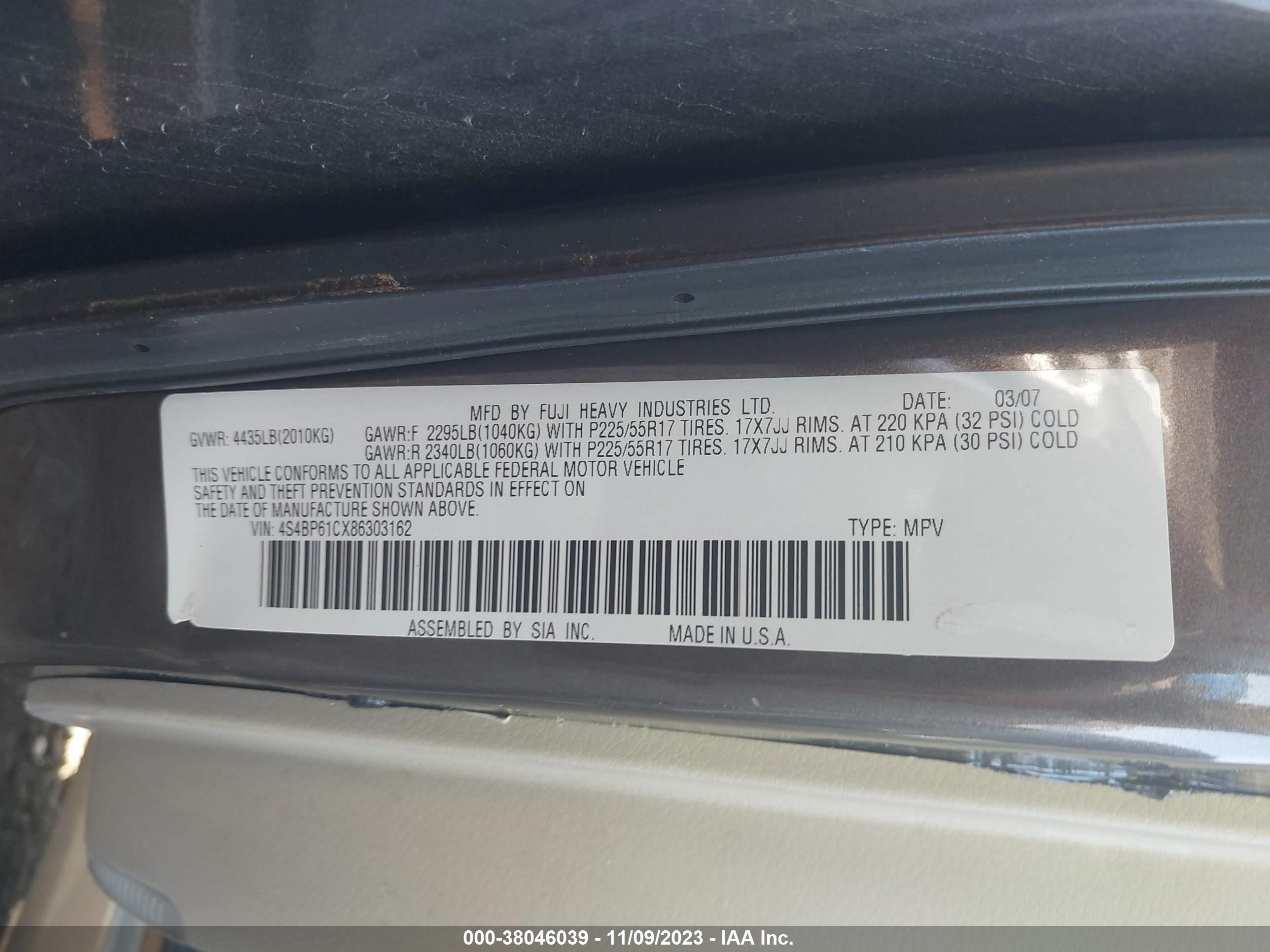 Photo 8 VIN: 4S4BP61CX86303162 - SUBARU OUTBACK 