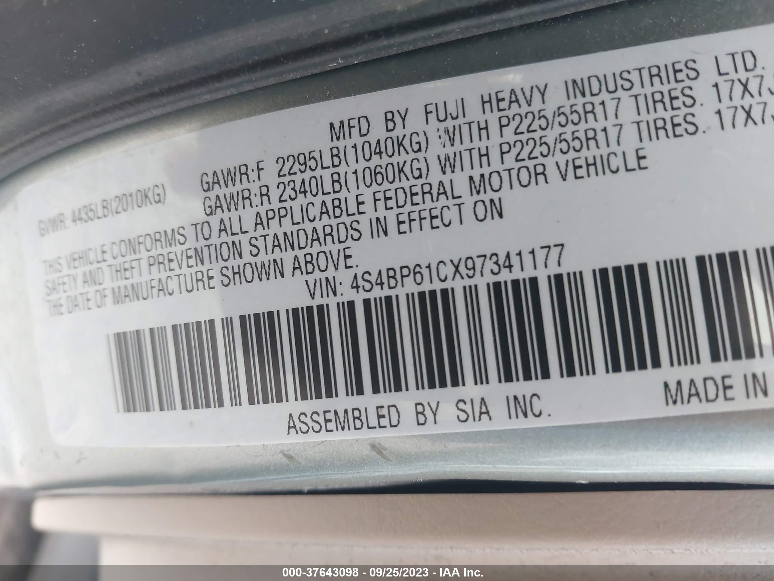 Photo 8 VIN: 4S4BP61CX97341177 - SUBARU OUTBACK 