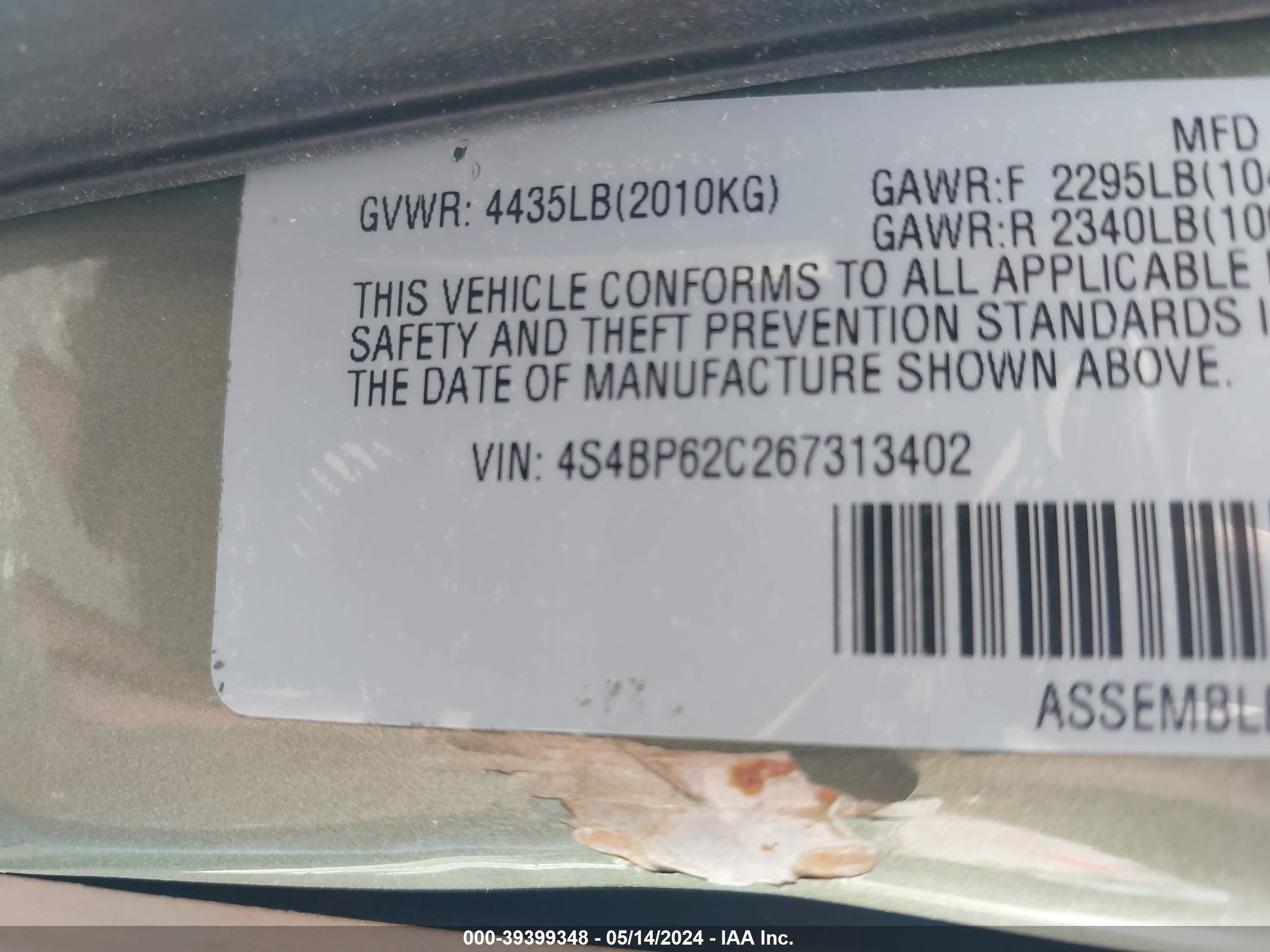 Photo 8 VIN: 4S4BP62C267313402 - SUBARU OUTBACK 