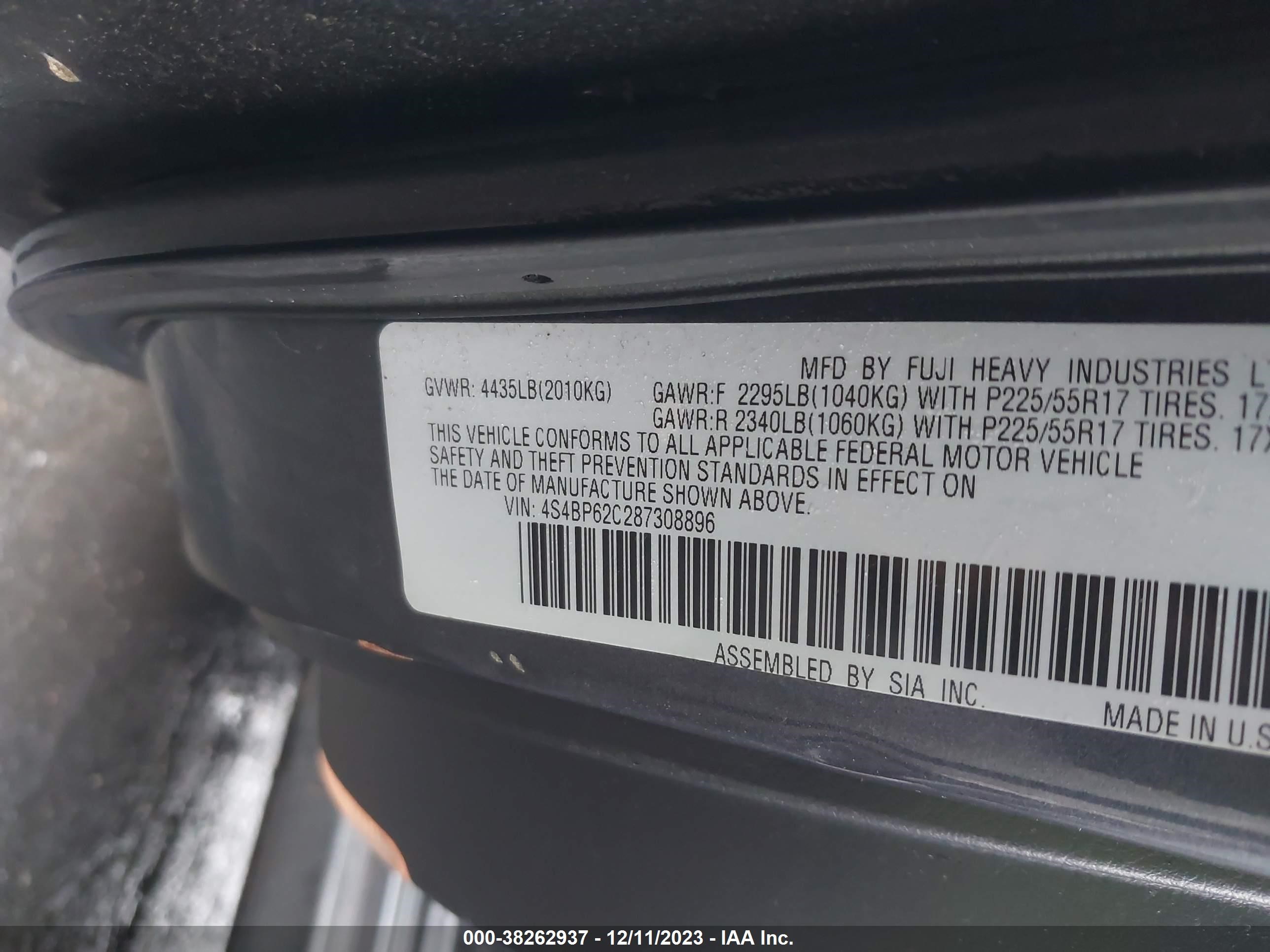 Photo 8 VIN: 4S4BP62C287308896 - SUBARU OUTBACK 