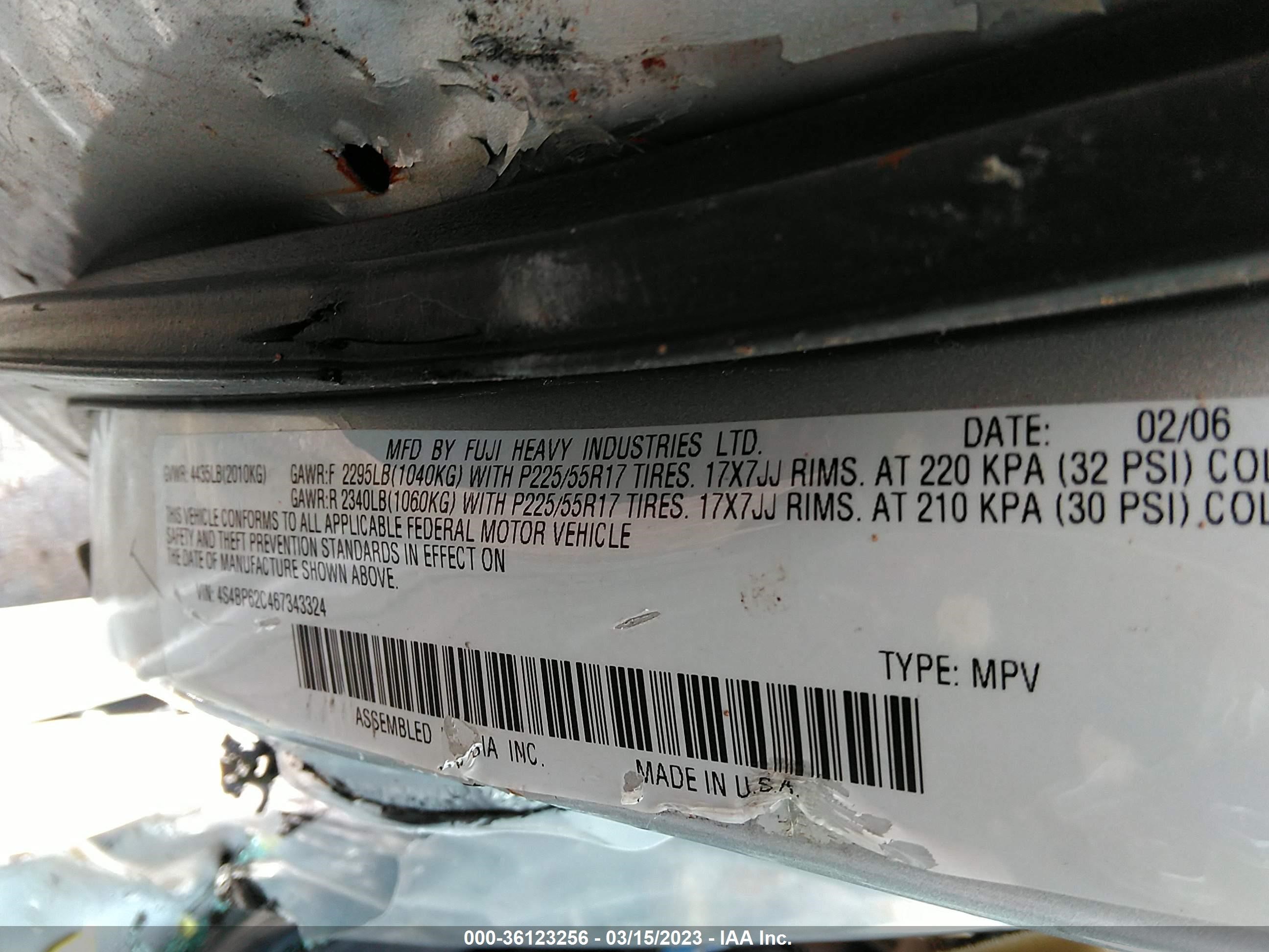 Photo 8 VIN: 4S4BP62C467343324 - SUBARU LEGACY 