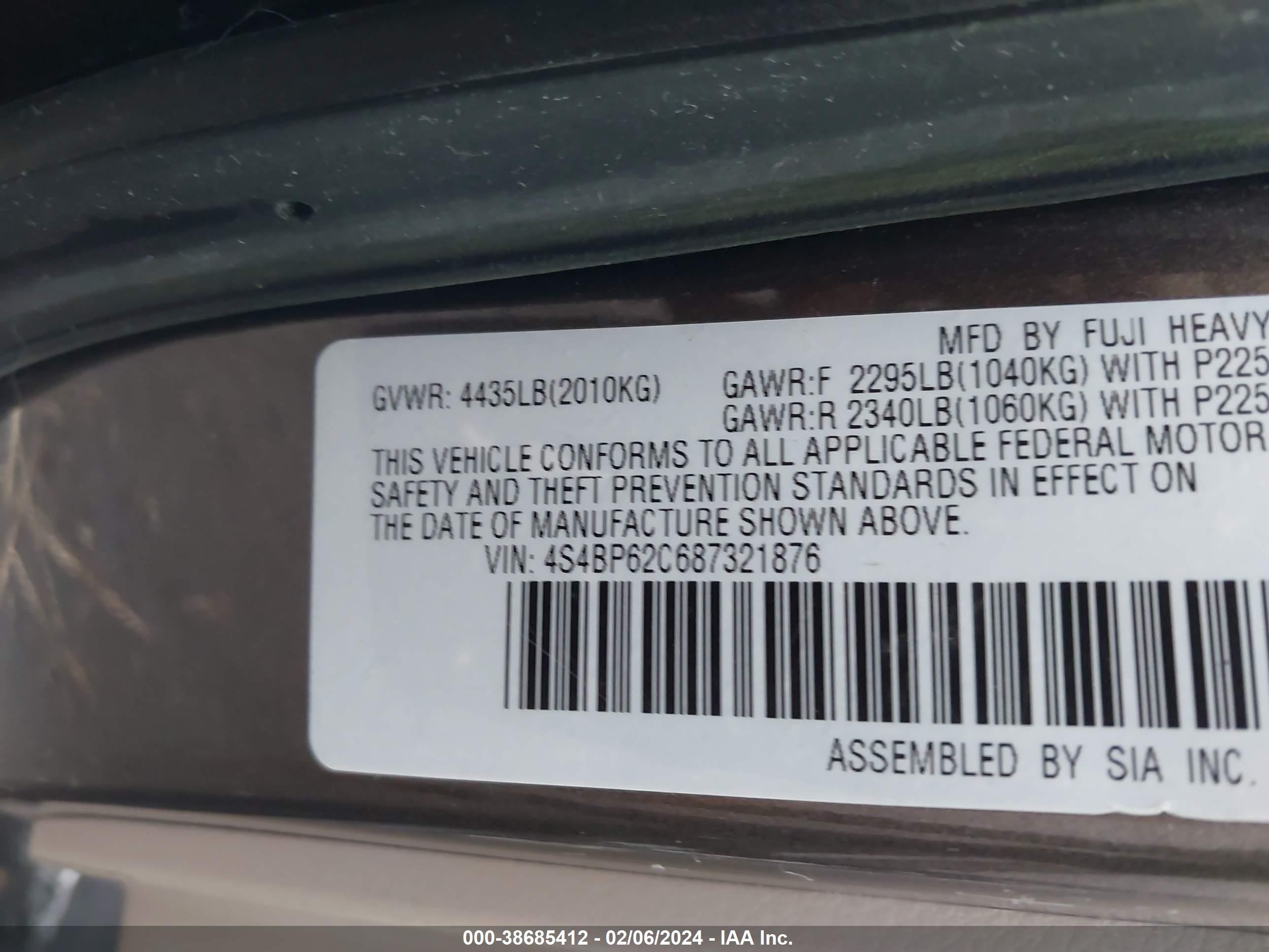 Photo 8 VIN: 4S4BP62C687321876 - SUBARU OUTBACK 