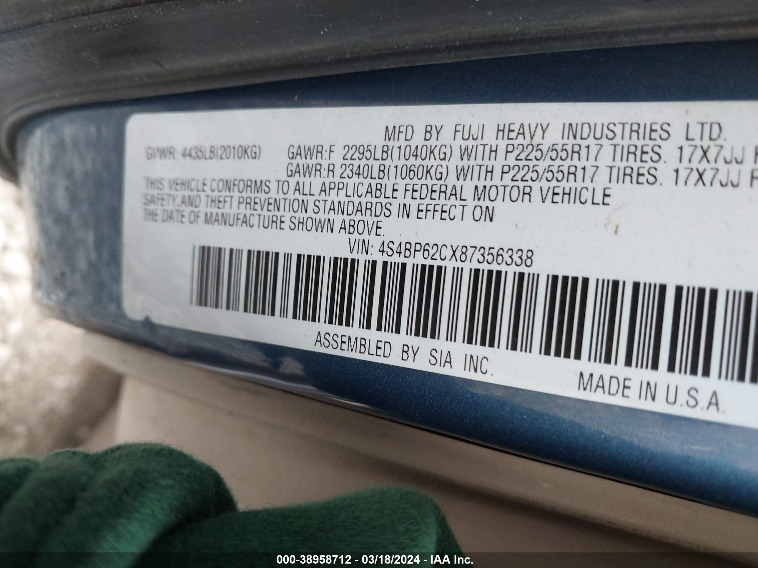 Photo 8 VIN: 4S4BP62CX87356338 - SUBARU OUTBACK 