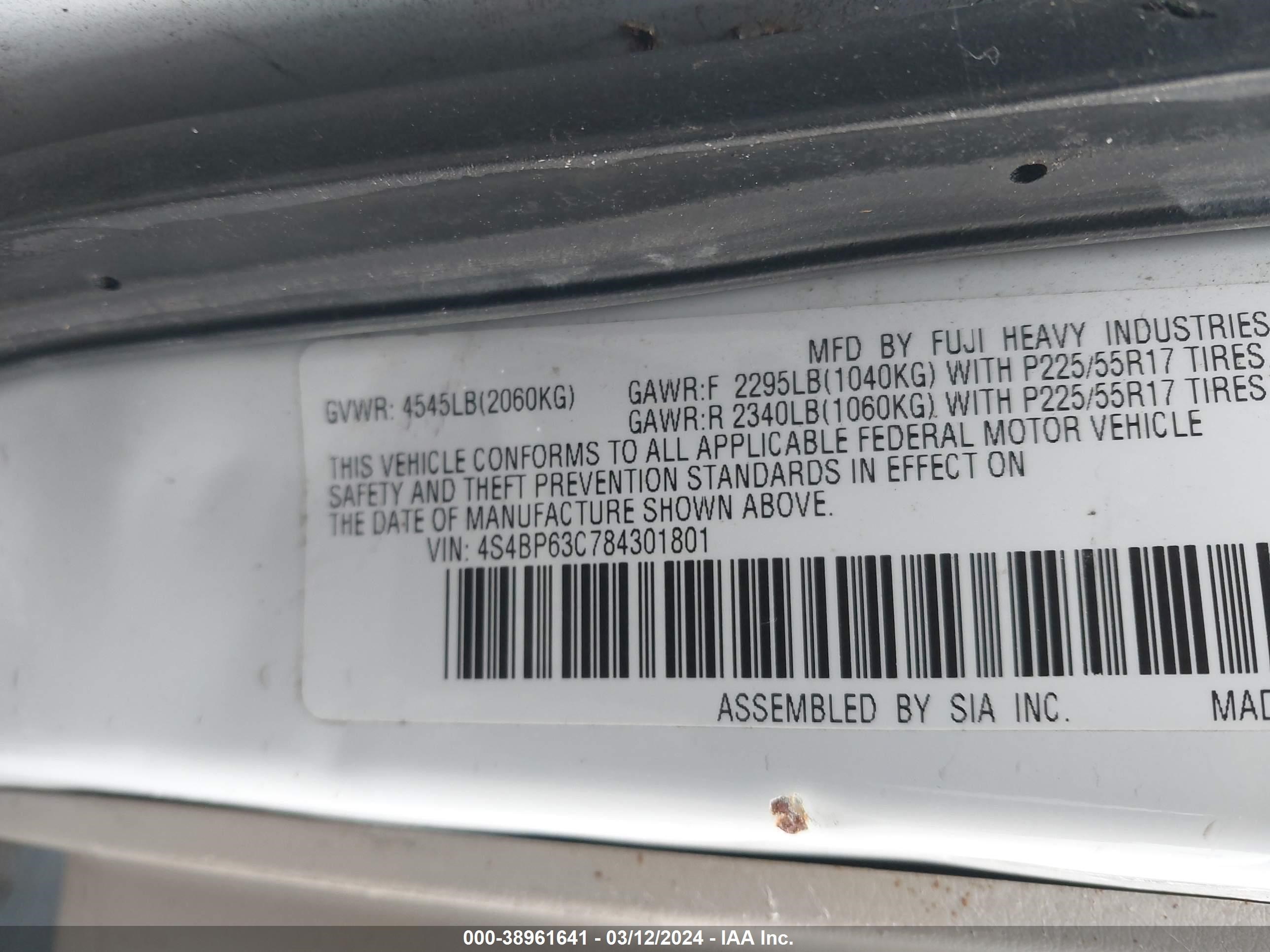 Photo 8 VIN: 4S4BP63C784301801 - SUBARU OUTBACK 