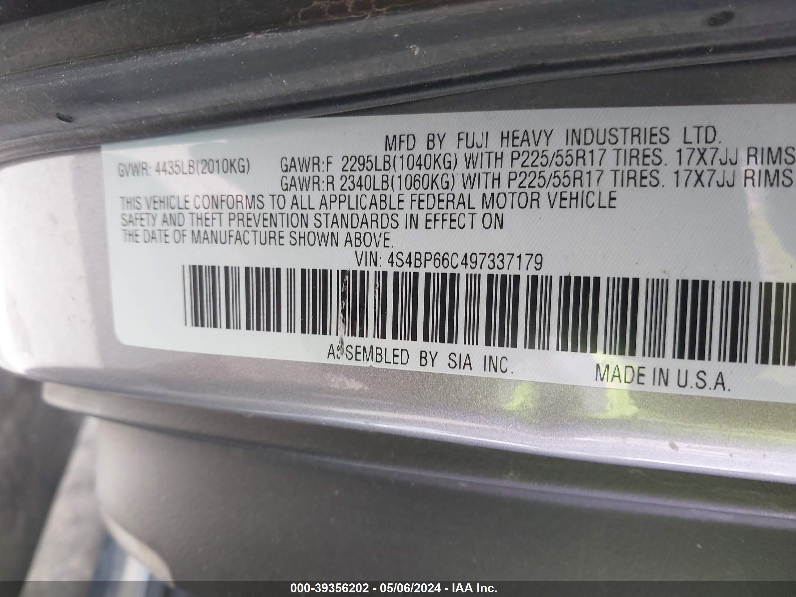 Photo 8 VIN: 4S4BP66C497337179 - SUBARU OUTBACK 