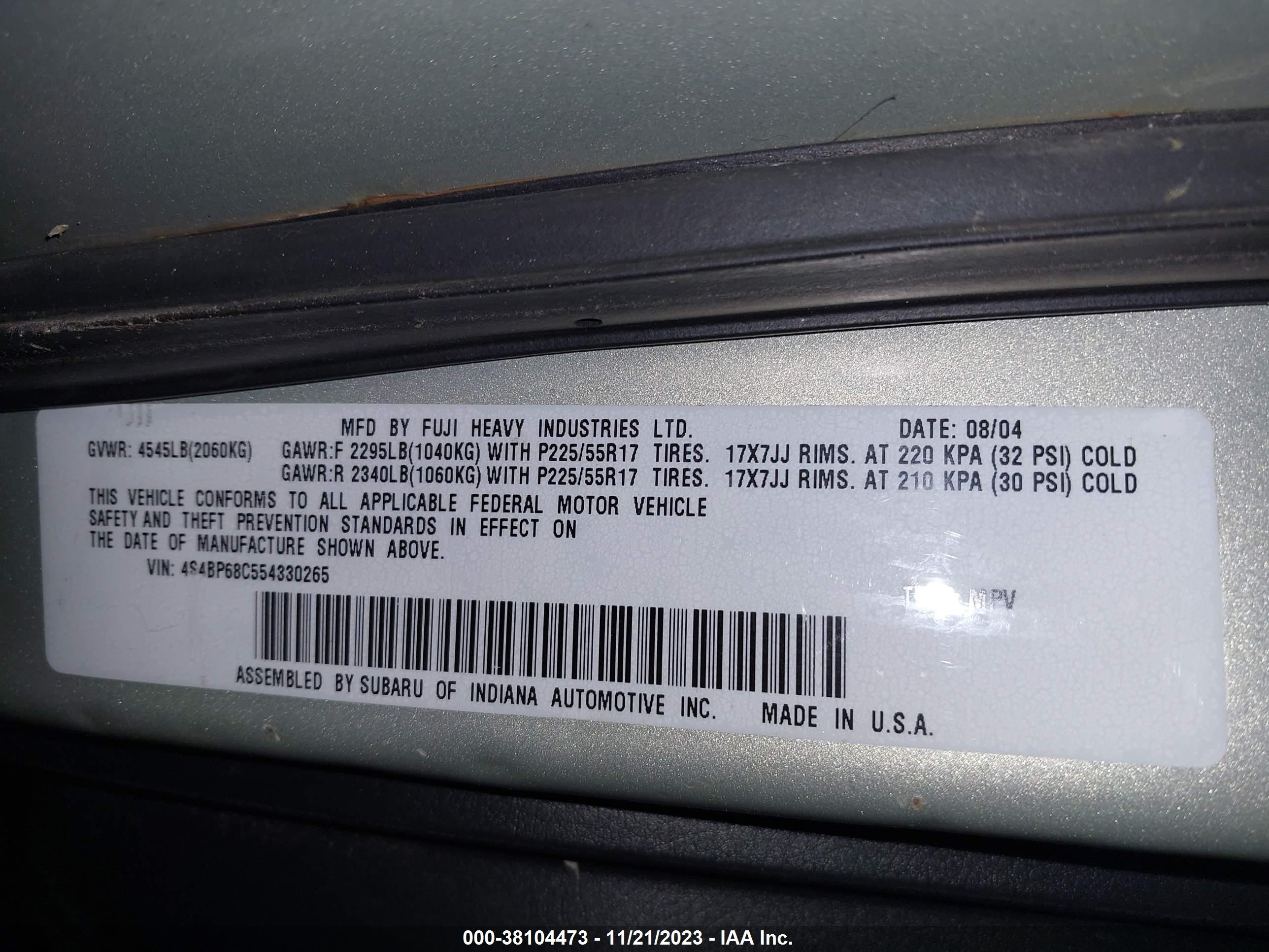 Photo 8 VIN: 4S4BP68C554330265 - SUBARU OUTBACK 