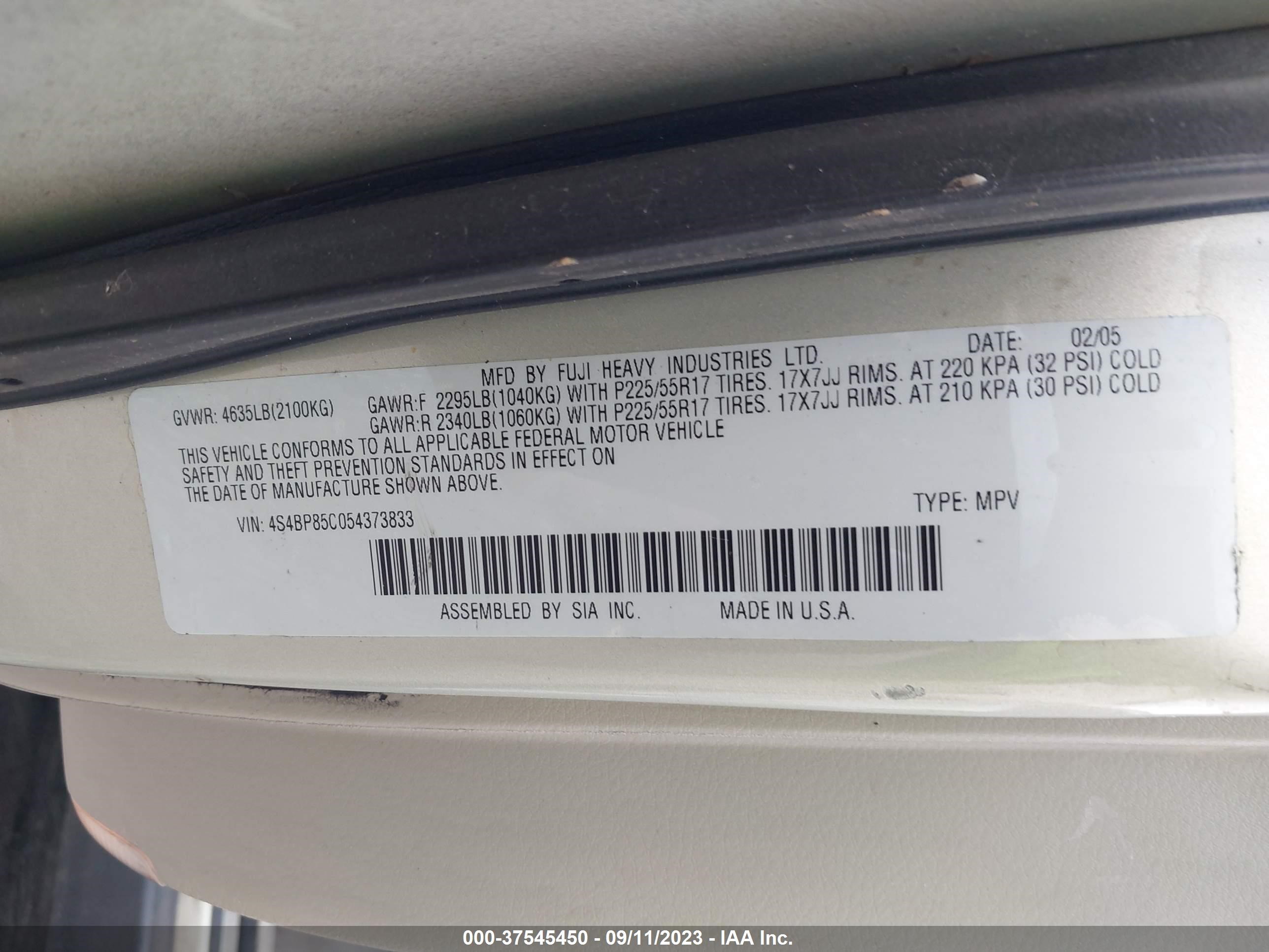 Photo 8 VIN: 4S4BP85C054373833 - SUBARU LEGACY 