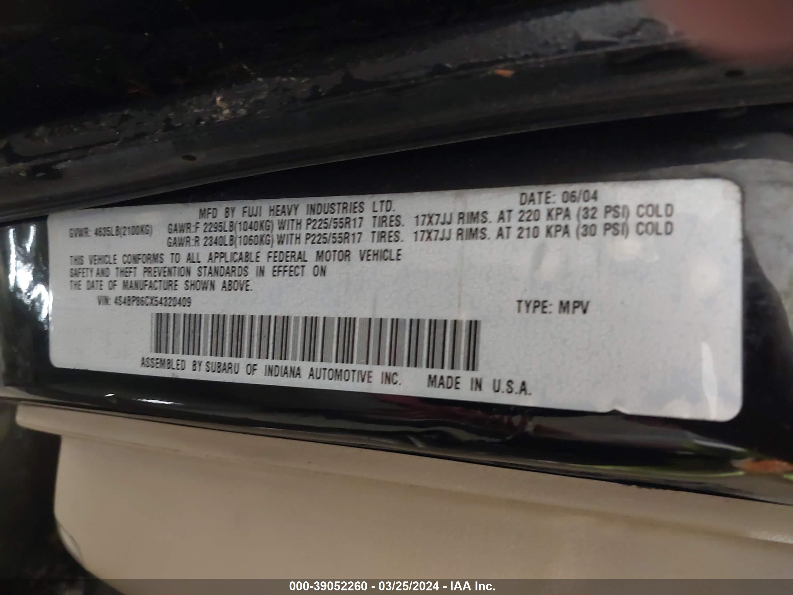 Photo 8 VIN: 4S4BP86CX54320409 - SUBARU OUTBACK OU 