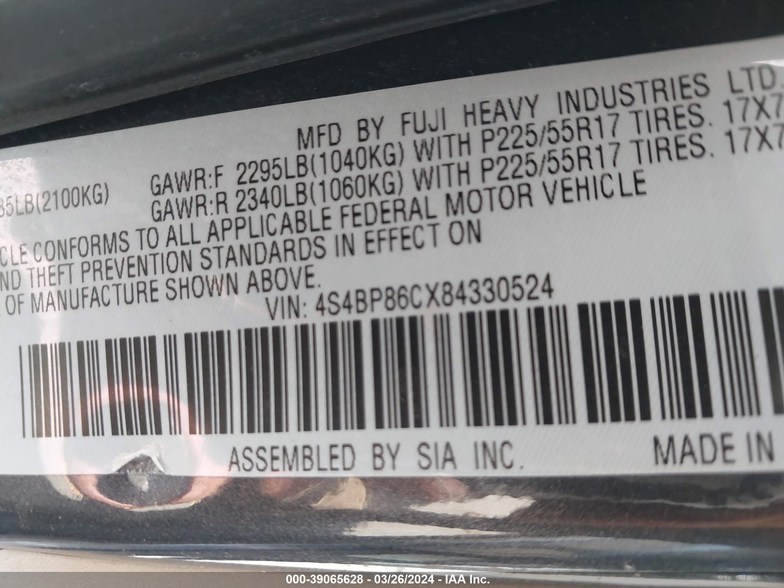 Photo 8 VIN: 4S4BP86CX84330524 - SUBARU OUTBACK 