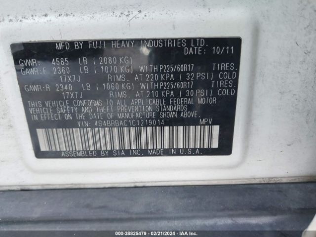 Photo 8 VIN: 4S4BRBAC1C1219014 - SUBARU OUTBACK 