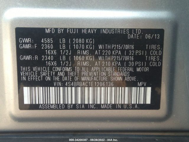 Photo 8 VIN: 4S4BRBAC1E1206136 - SUBARU OUTBACK 