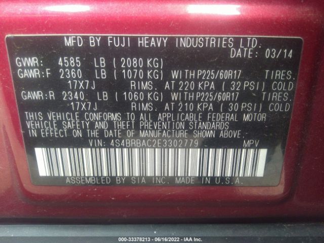 Photo 8 VIN: 4S4BRBAC2E3302779 - SUBARU OUTBACK 