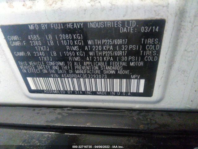 Photo 8 VIN: 4S4BRBAC3E3293073 - SUBARU OUTBACK 