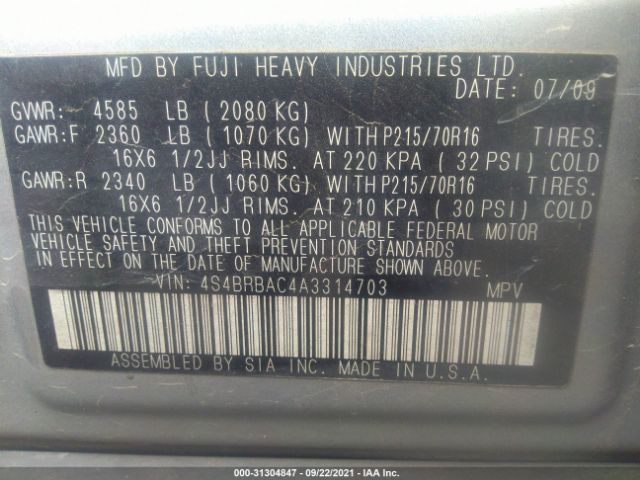 Photo 8 VIN: 4S4BRBAC4A3314703 - SUBARU OUTBACK 