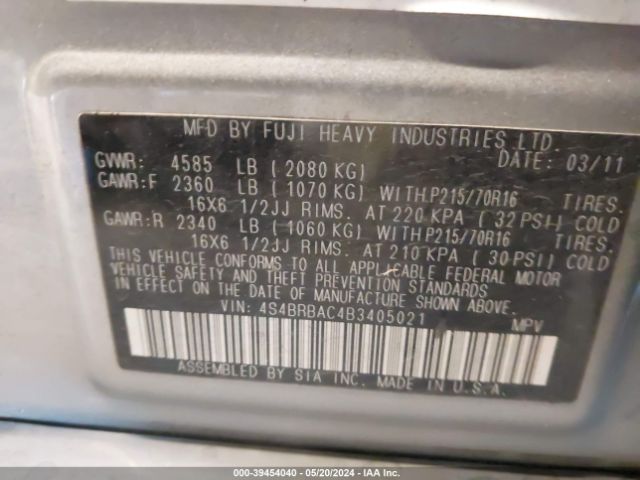 Photo 8 VIN: 4S4BRBAC4B3405021 - SUBARU OUTBACK 