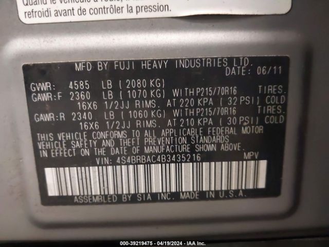 Photo 8 VIN: 4S4BRBAC4B3435216 - SUBARU OUTBACK 