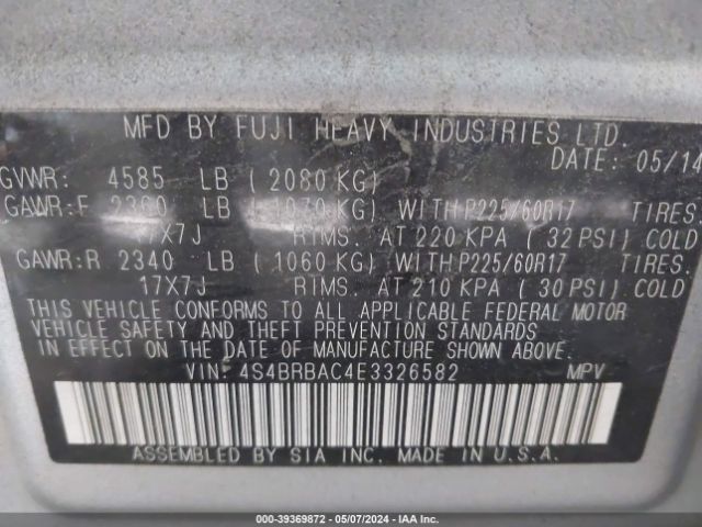 Photo 8 VIN: 4S4BRBAC4E3326582 - SUBARU OUTBACK 