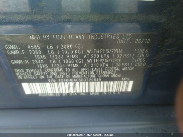 Photo 8 VIN: 4S4BRBAC5B3320849 - SUBARU OUTBACK 