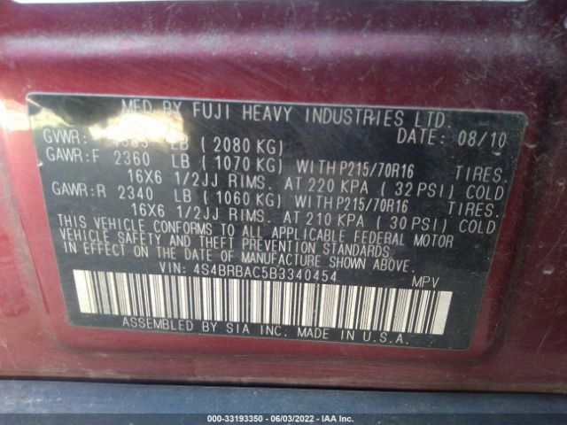 Photo 8 VIN: 4S4BRBAC5B3340454 - SUBARU OUTBACK 