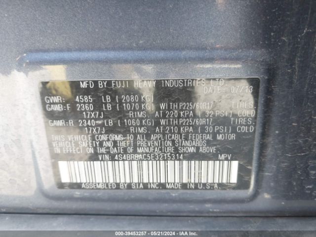 Photo 8 VIN: 4S4BRBAC5E3215314 - SUBARU OUTBACK 