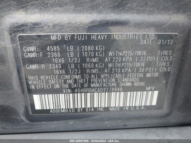 Photo 8 VIN: 4S4BRBAC6D3278940 - SUBARU OUTBACK 