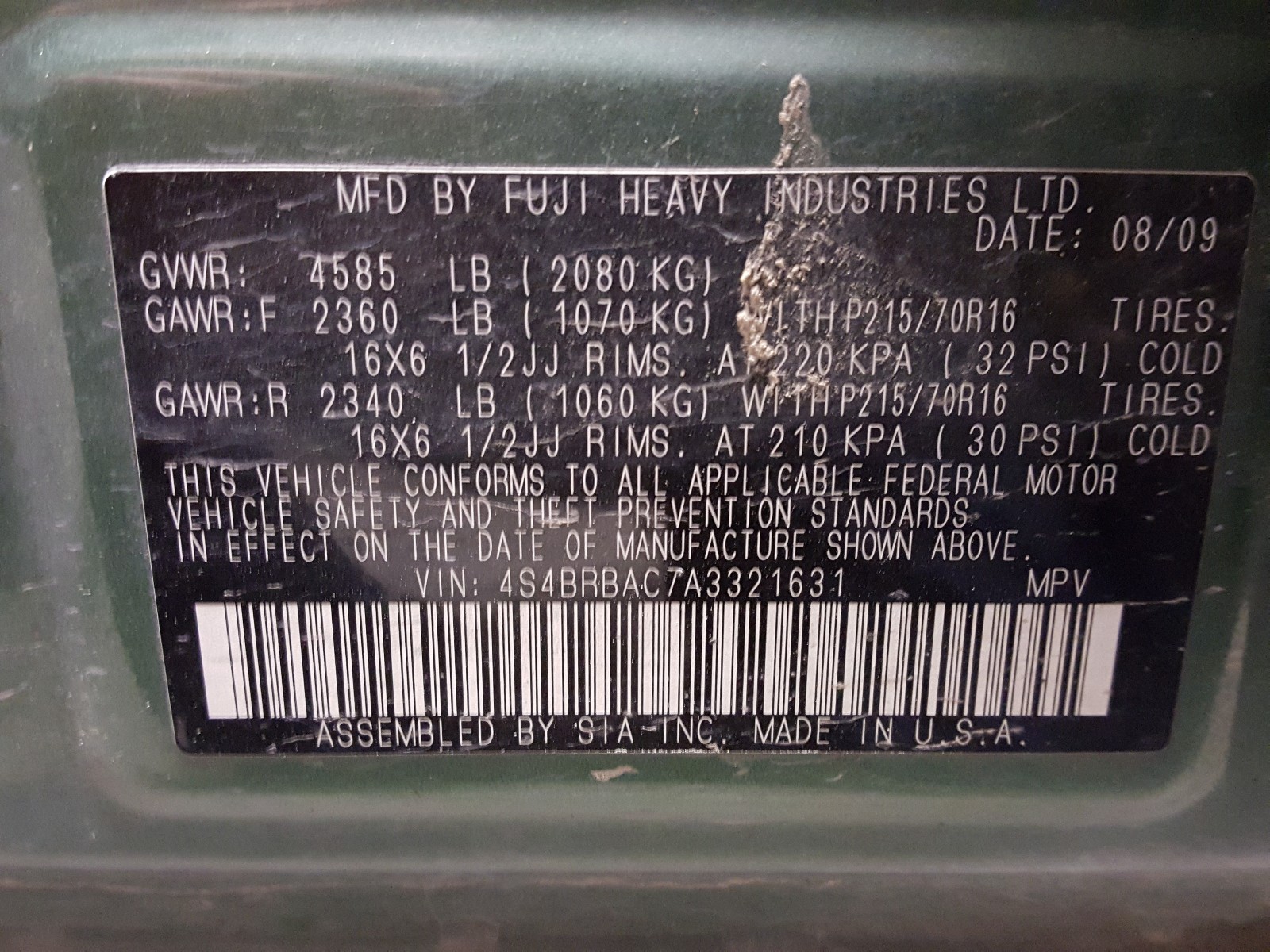 Photo 9 VIN: 4S4BRBAC7A3321631 - SUBARU OUTBACK 2. 