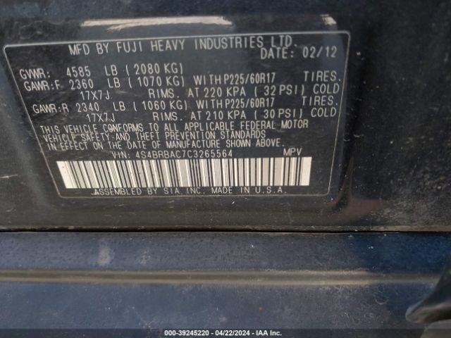 Photo 8 VIN: 4S4BRBAC7C3265564 - SUBARU OUTBACK 