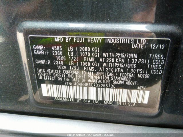 Photo 8 VIN: 4S4BRBAC7D3265730 - SUBARU OUTBACK 