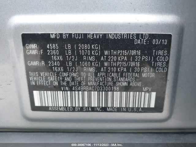 Photo 8 VIN: 4S4BRBAC7D3300198 - SUBARU OUTBACK 